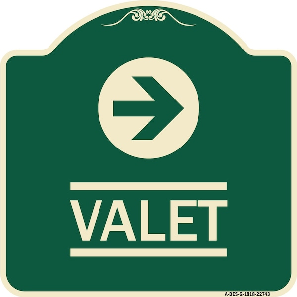 Signmission Designer Series Valet Right Arrow, Green & Tan Heavy-Gauge Aluminum Sign, 18" x 18", G-1818-22743 A-DES-G-1818-22743 - main